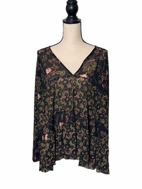 Free People Isabelle Floral Mesh Tiered Boho Blouse Black Size XS (Oversized)